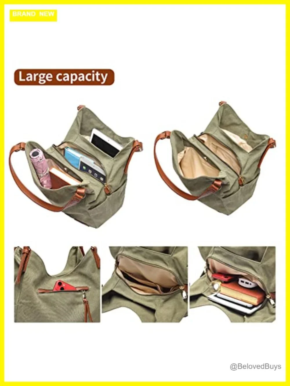 Canvas Hobo Tote Multi Pocket Shoulder Bag with Embroidery